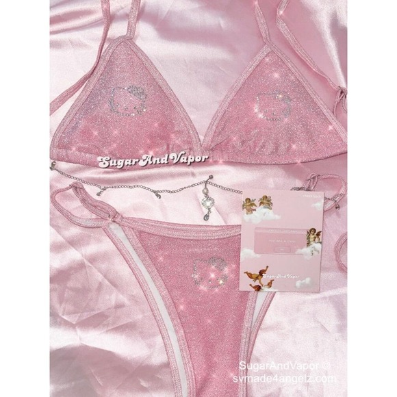 Sugar and Vapor Hello Kitty Pink Glitter Bikini Set XL Rhinestone Cheeky NWT Y2K - Picture 1 of 7